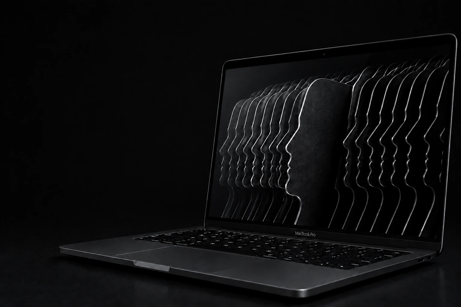 Открытый MacBook с многослойными графитовыми силуэтами лиц и серебристыми кромками внутри экрана